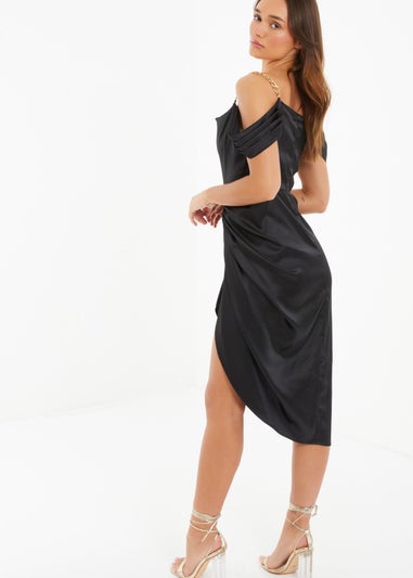 Quiz Black Satin Ruched Cold Shoulder Midi Dress