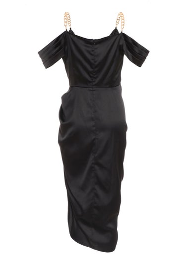 Quiz Black Satin Ruched Cold Shoulder Midi Dress