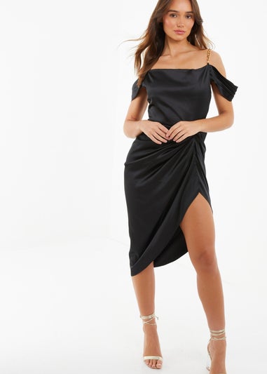 Quiz Black Satin Ruched Cold Shoulder Midi Dress