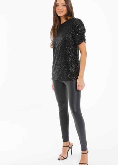 Quiz Black Sequin Boxy Top