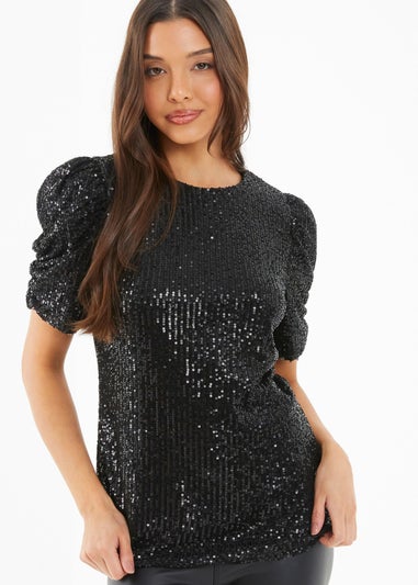 Quiz Black Sequin Boxy Top