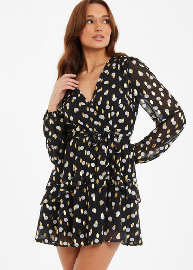 Quiz Black Polka Dot Foil Wrap Skater Dress