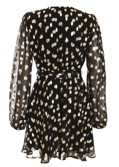 Quiz Black Polka Dot Foil Wrap Skater Dress