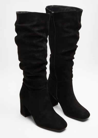 Quiz Black Faux Suede Ruched Heeled Boots