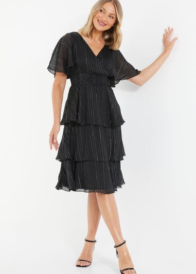 Quiz Black Glitter Chiffon Tiered Midi Dress