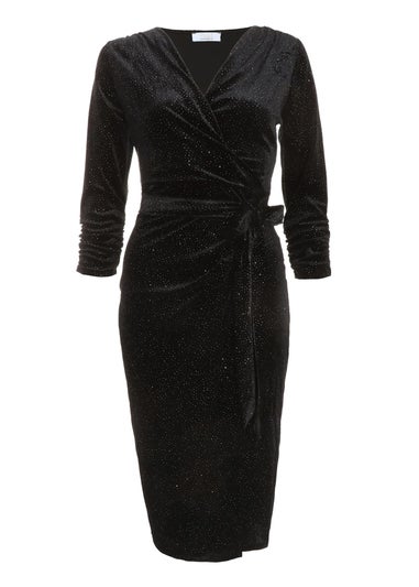 Quiz Black Velvet Glitter Midi Wrap Dress