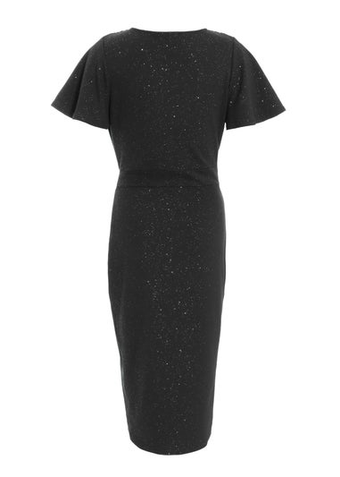 Quiz Black Glitter Ruched Wrap Midi Dress
