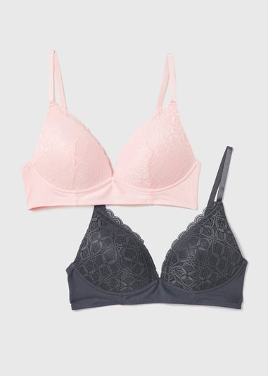 2 Pack Pink & Charcoal Non Wired Plunge Bras