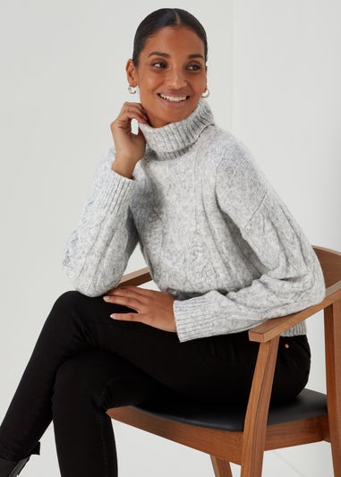 Grey Turtle Neck Lofty Cable Knit Jumper