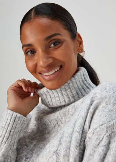 Grey Turtle Neck Lofty Cable Knit Jumper