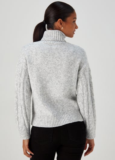 Grey Turtle Neck Lofty Cable Knit Jumper