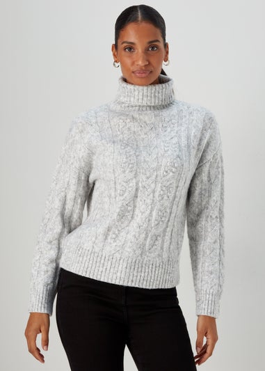 Grey Turtle Neck Lofty Cable Knit Jumper