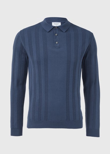 Blue Ribbed Long Sleeve Polo Shirt