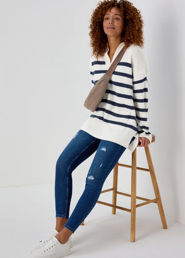 Ivory Stripe Open Collar Jumper