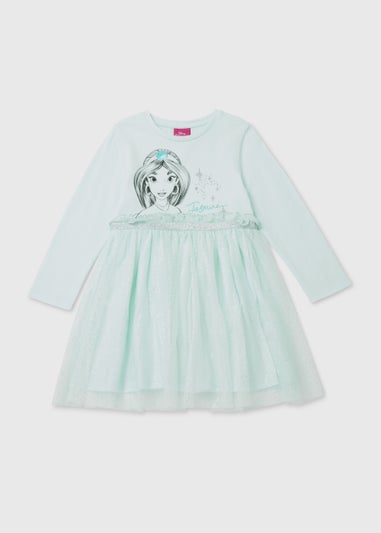 Kids Blue Disney Princess Jasmine Print Mesh Dress (3-9yrs)