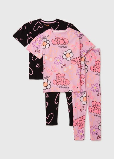 Girl's 2 Pack Pink & Black Flowers Pyjama Set (4-12yrs)