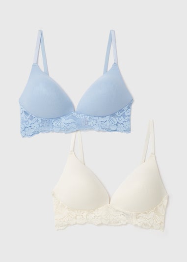 2 Pack Blue/Cream Plunge Ribbed Bra