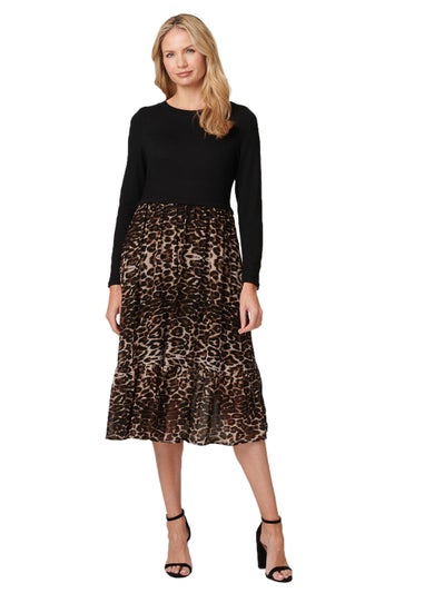 Izabel London Black Leopard Print Tiered Midi Dress - Matalan