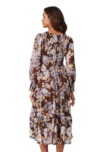 Izabel London Chocolate Floral Shirred Midi Dress