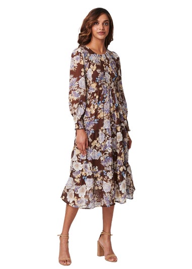 Izabel London Chocolate Floral Shirred Midi Dress