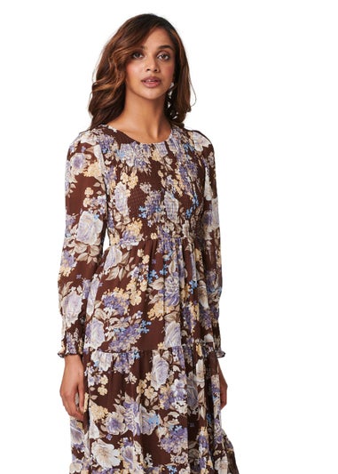 Izabel London Chocolate Floral Shirred Midi Dress