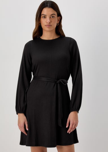 Black Belted Ribbed Mini Dress