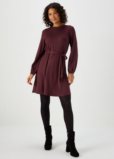 Burgundy Belted Ribbed Mini Dress