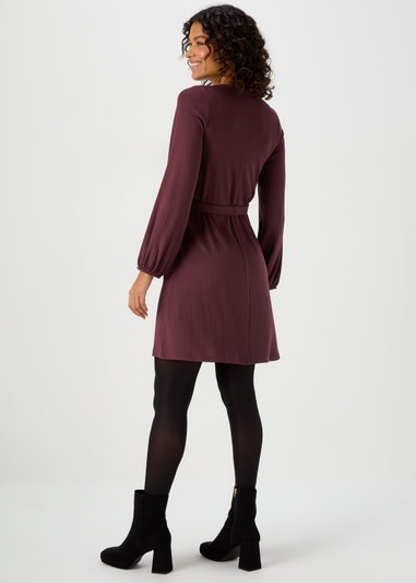 Burgundy Belted Ribbed Mini Dress