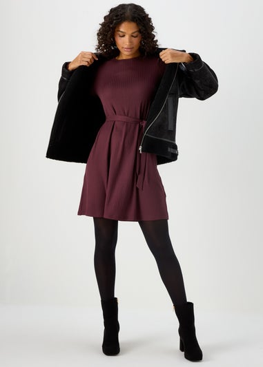 Burgundy Belted Ribbed Mini Dress