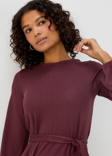 Burgundy Belted Ribbed Mini Dress