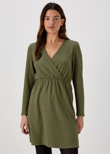 Khaki Textured Jersey Wrap Mini Dress