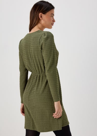 Khaki Textured Jersey Wrap Mini Dress
