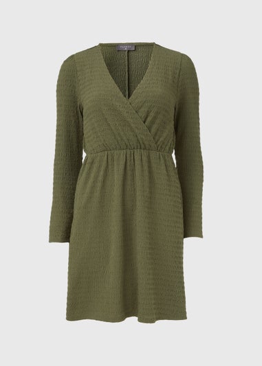 Khaki Textured Jersey Wrap Mini Dress