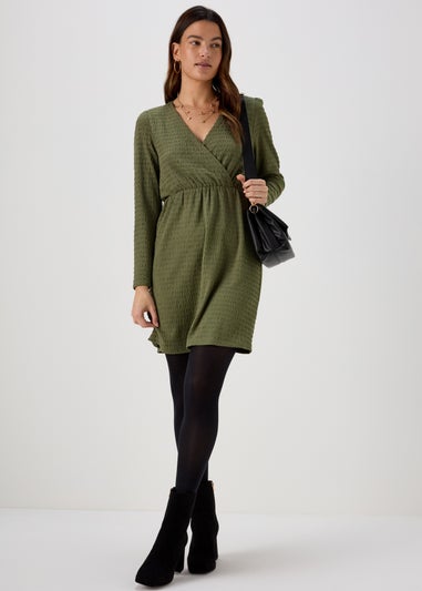 Khaki Textured Jersey Wrap Mini Dress