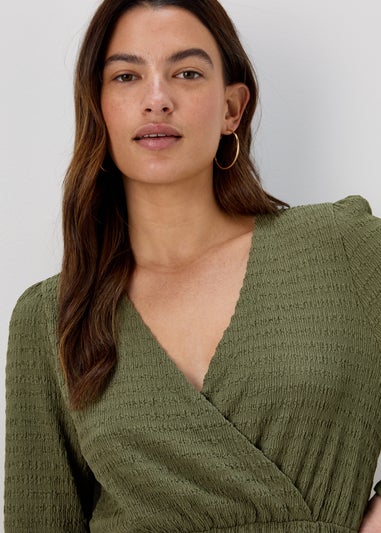 Khaki Textured Jersey Wrap Mini Dress