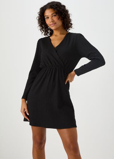 Black Textured Jersey wrap Mini Dress