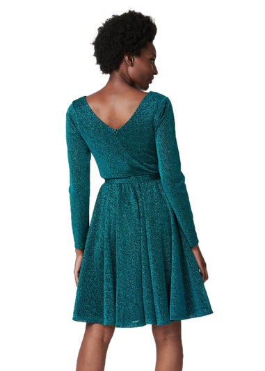 Izabel London Emerald Lurex Wrap Front Fit & Flare Dress