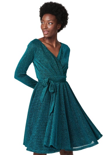 Izabel London Emerald Lurex Wrap Front Fit & Flare Dress