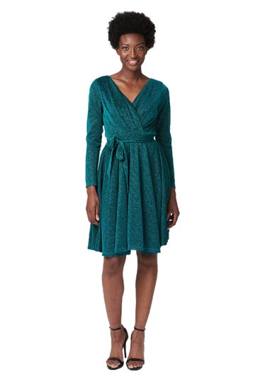 Izabel London Emerald Lurex Wrap Front Fit & Flare Dress