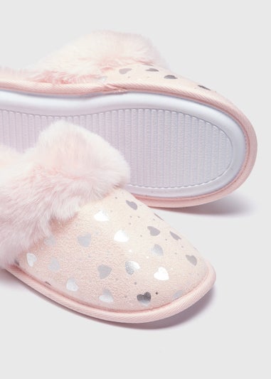 Pink Foil Heart Fur Slippers