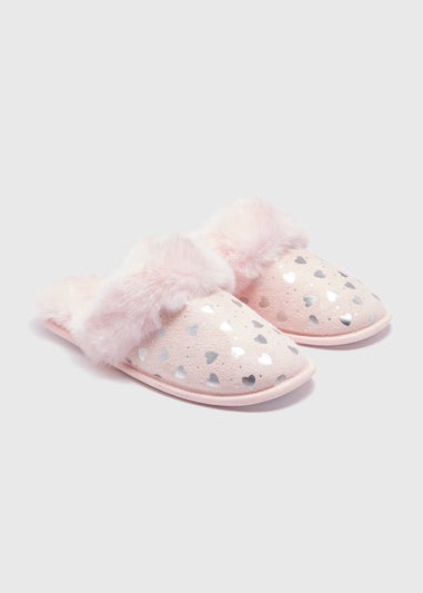 Pink Foil Heart Fur Slippers