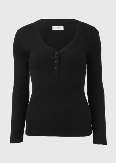 Black Ribbed Long Sleeve Henley Top