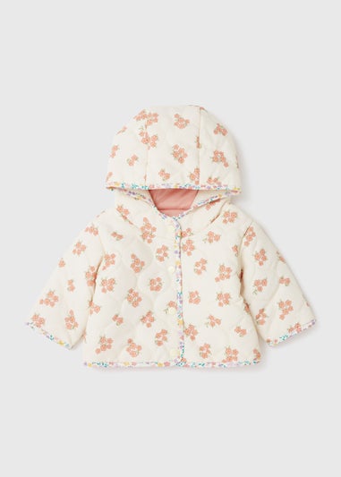 Girls Ecru Floral Print Quilted Hooded Jacket (Newborn-23mths)