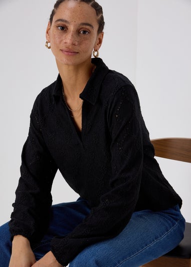 Black Cutwork Long Sleeve Polo Jumper