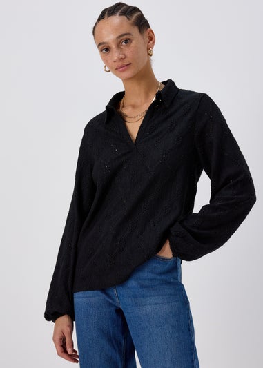 Black Cutwork Long Sleeve Polo Jumper