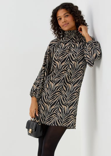 Brown Zebra Print Shirred Bubble Mini Dress