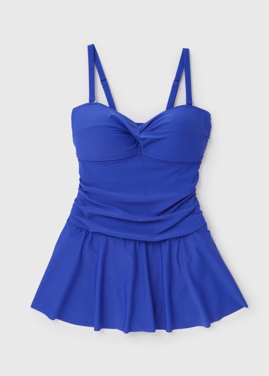 Blue Solid Cupped Swim Dress