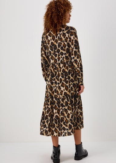 Brown Animal Print Viscose Midi Shirt Dress