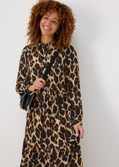 Brown Animal Print Viscose Midi Shirt Dress