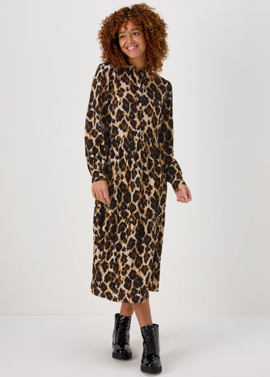 Brown Animal Print Viscose Midi Shirt Dress